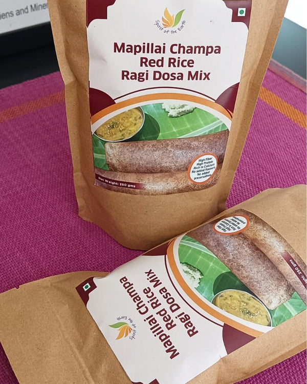250g pack of Mapillai Champa Red Rice Ragi Dosa Mix – wholesome, iron-rich, high-fiber South Indian breakfast mix